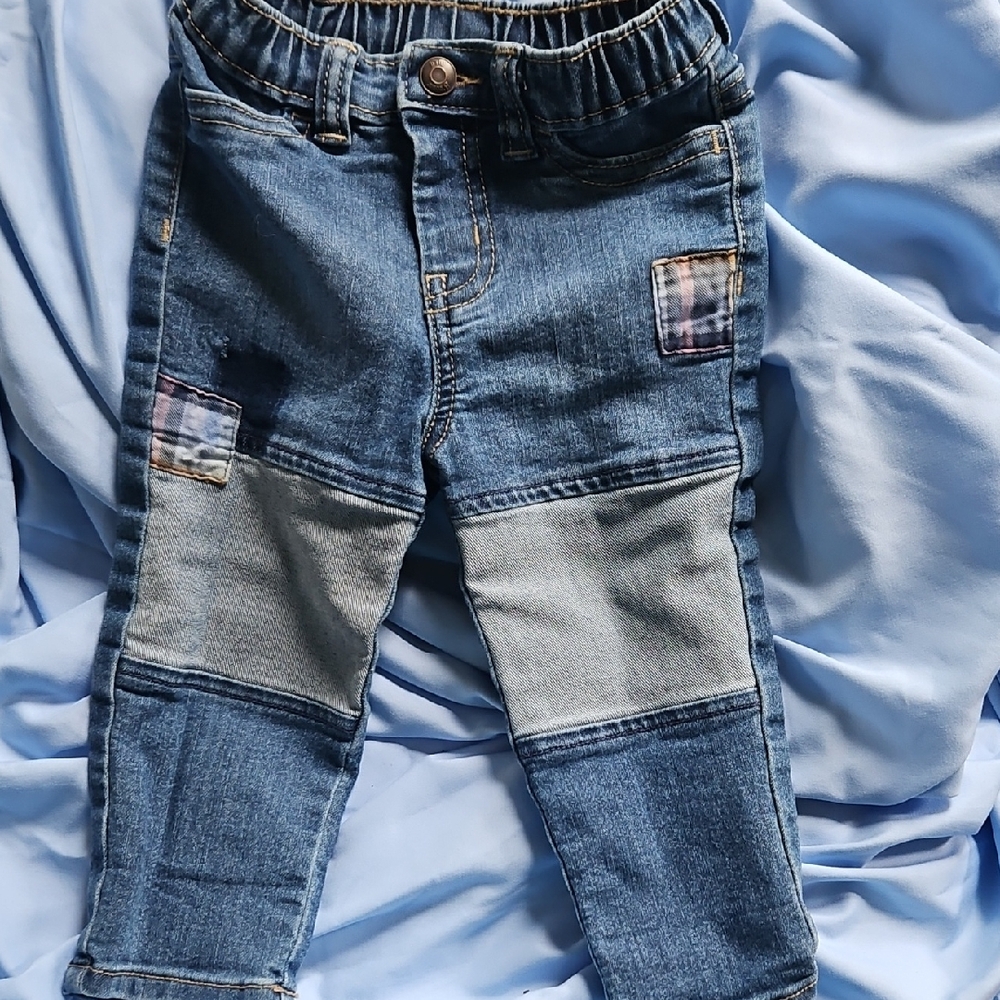 Blue Patchwork Elastic Waist Jeans